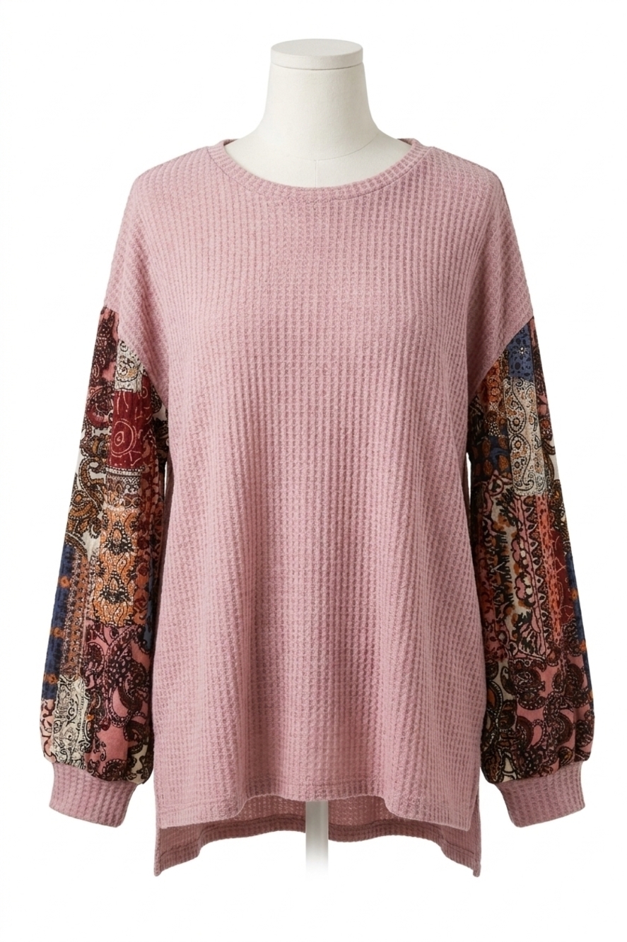NEW UMGEE paisley print waffle knit top in blush